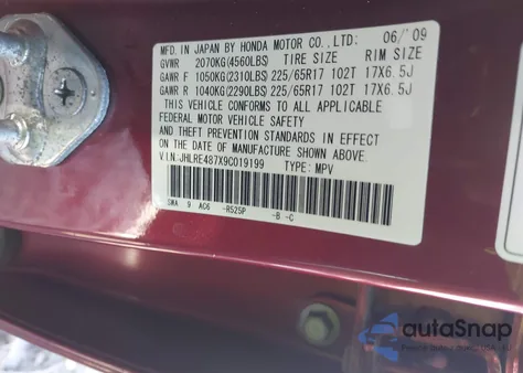 2009 Honda Cr-V Ex-L from USA, damaged, VIN JHLRE487X9C019199